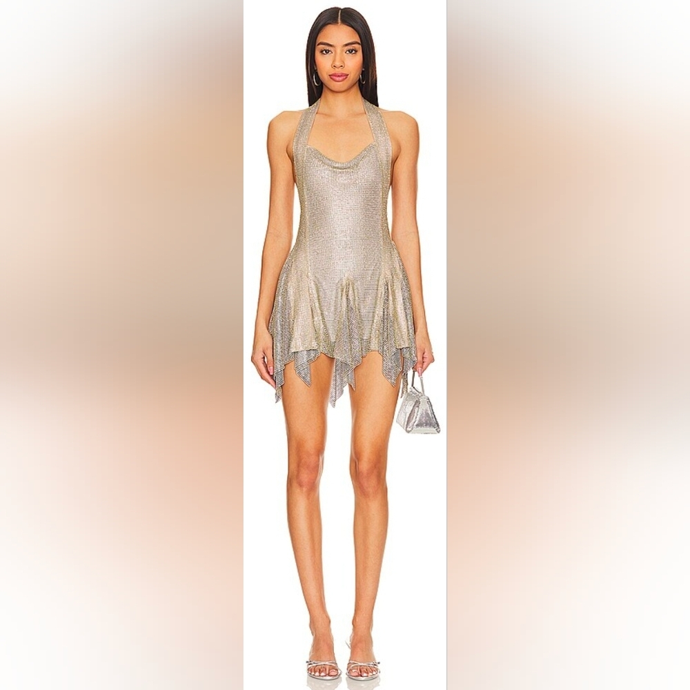 POSTER GIRL Silver Metallic Halter Mini Dress EUC